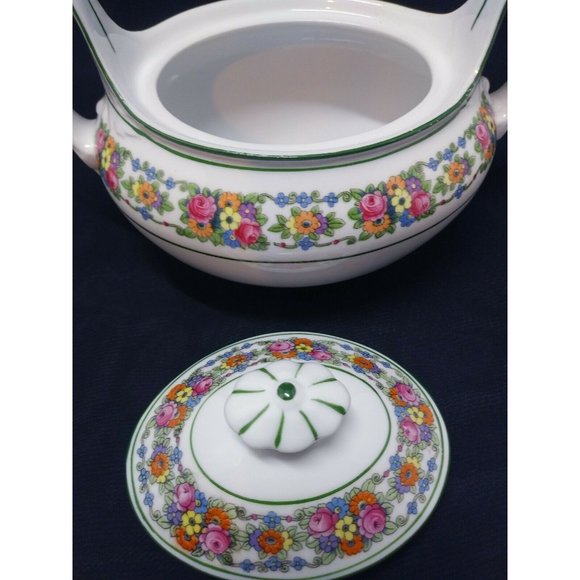 Beautiful Rose Red Green White Ceramic Sugar Bowl W/Holder Led F&W Mark Sign - Picture 5 of 12